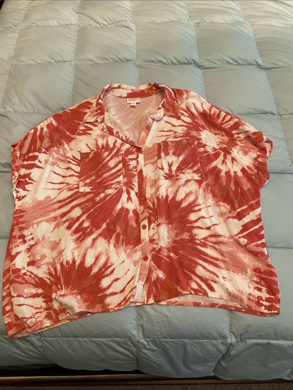LuLaRoe Coral and White Tie-Dye Button Shirt